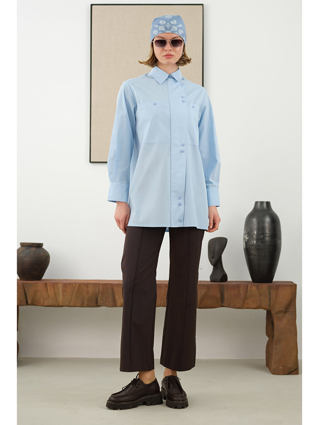 Asimetrik Patlı Gömlek Açık Mavi-1