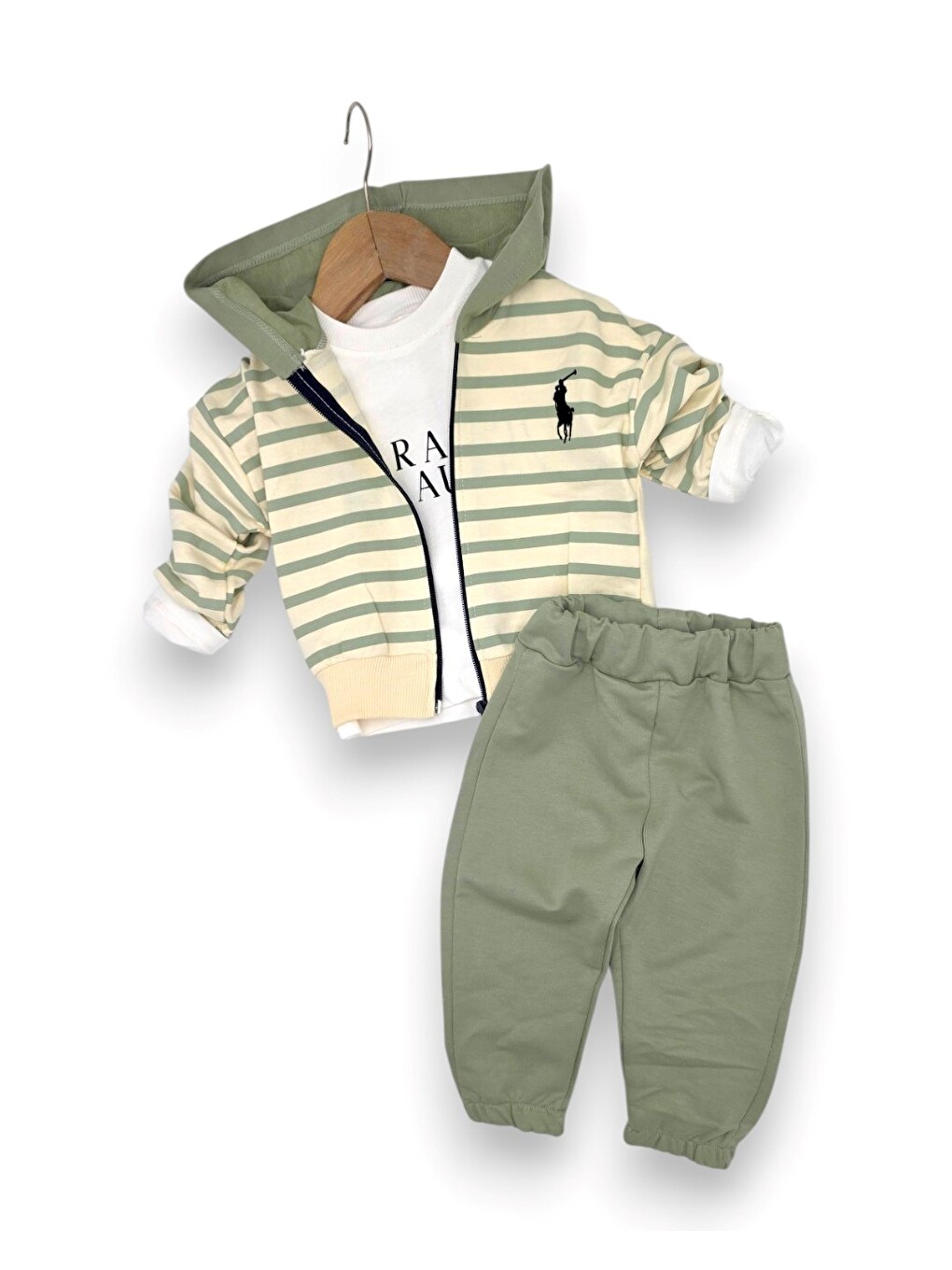 Yeşil Erkek Bebek Kapüşonlu 3'lü Takım Fermuarlı Sweatshirt Eşofman Takımı-2