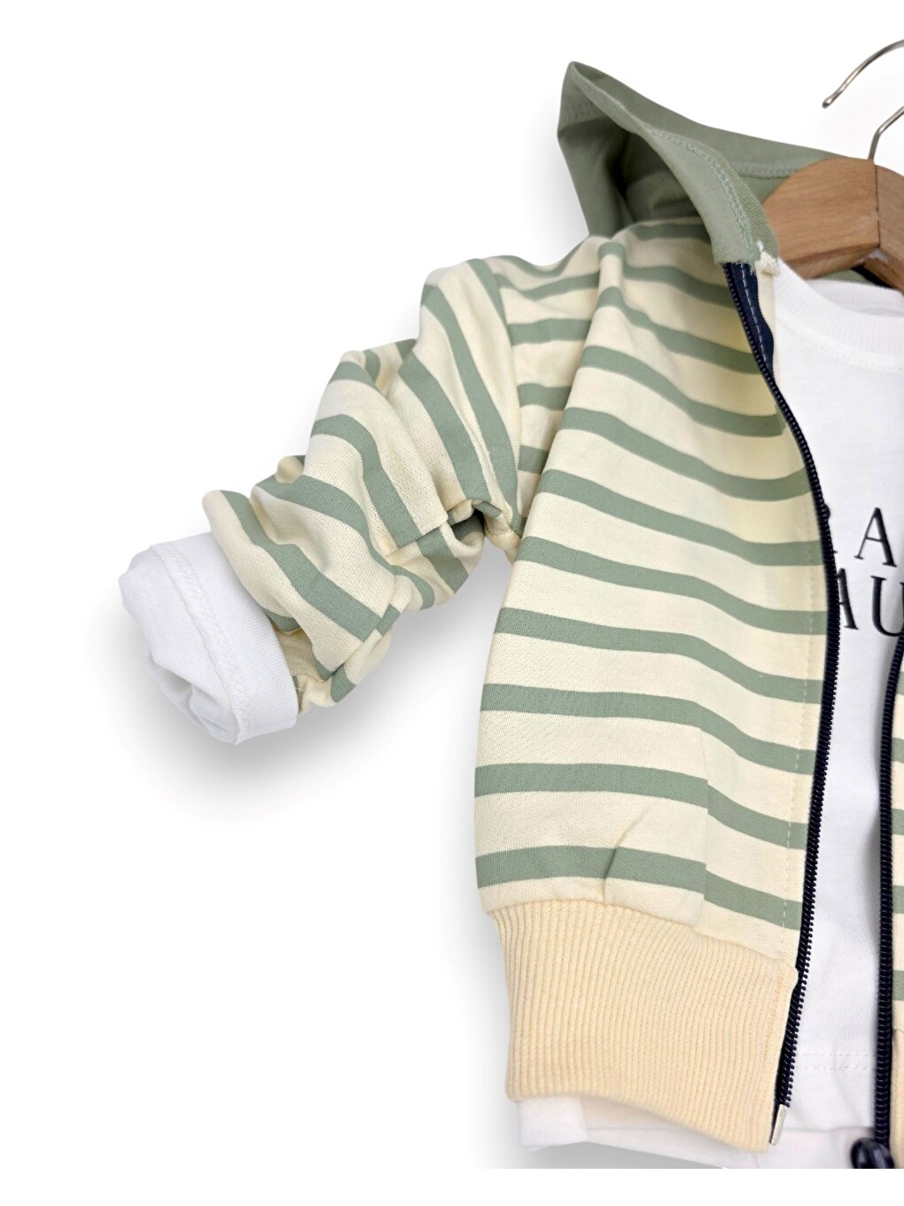 Yeşil Erkek Bebek Kapüşonlu 3'lü Takım Fermuarlı Sweatshirt Eşofman Takımı-3