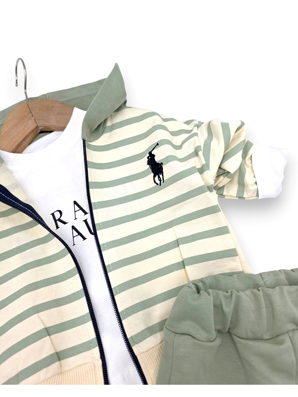 Yeşil Erkek Bebek Kapüşonlu 3'lü Takım Fermuarlı Sweatshirt Eşofman Takımı-4