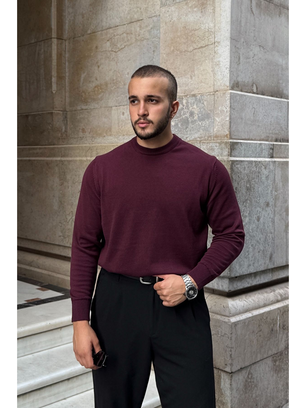 Bordo Acton Erkek %100 Organik Pamuk Bisiklet Yaka Triko Kazak-2