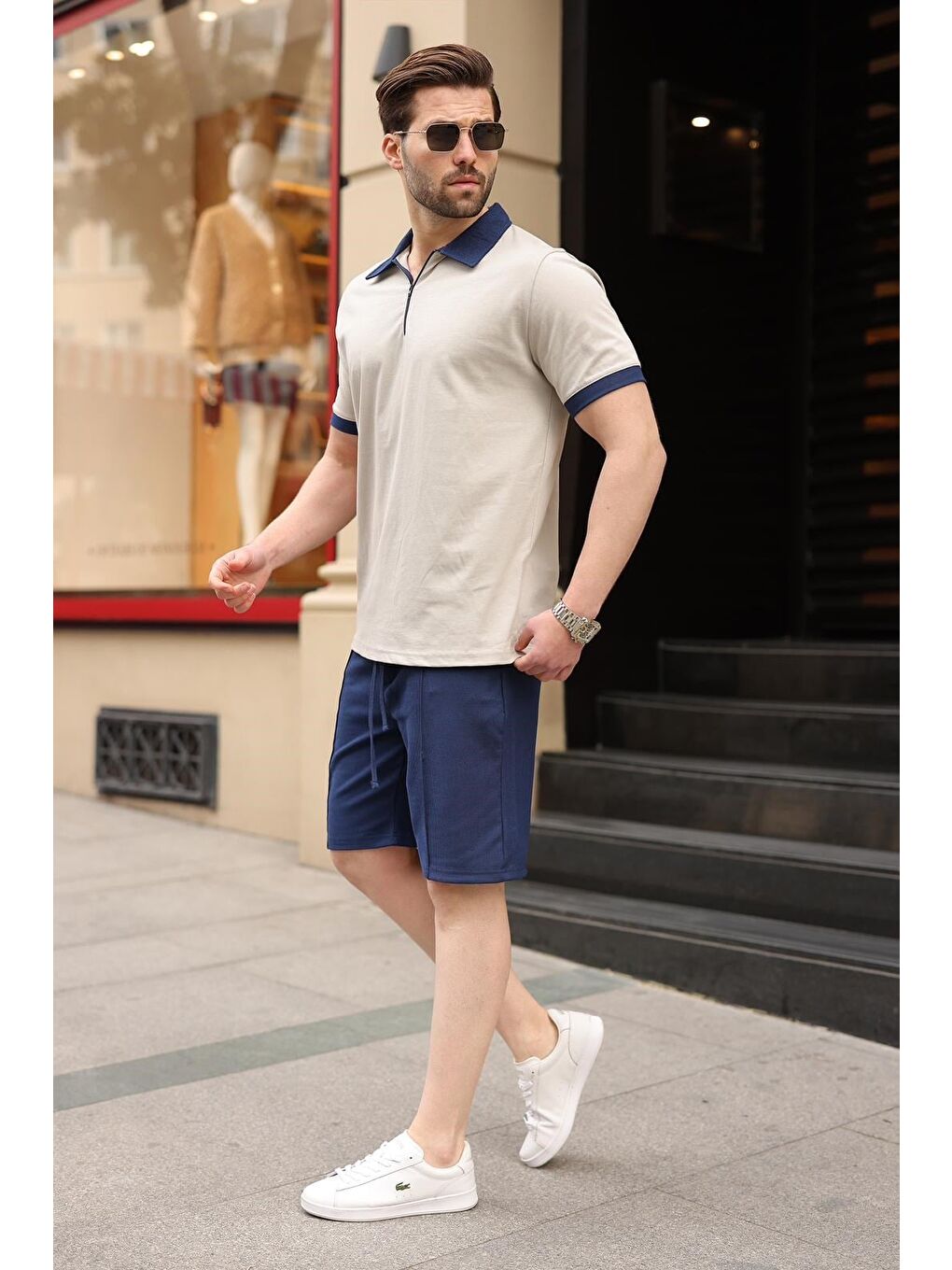 Boyalı Gri %100 Pamuklu Polo Yaka Şort Tişört Takım E7358-1