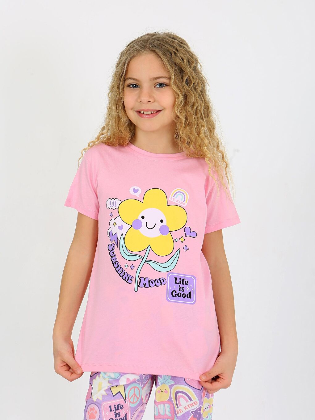 Pembe Kız Çocuk Kısa Kollu %100 Pamuklu Pijama Takımı Be Kind-2