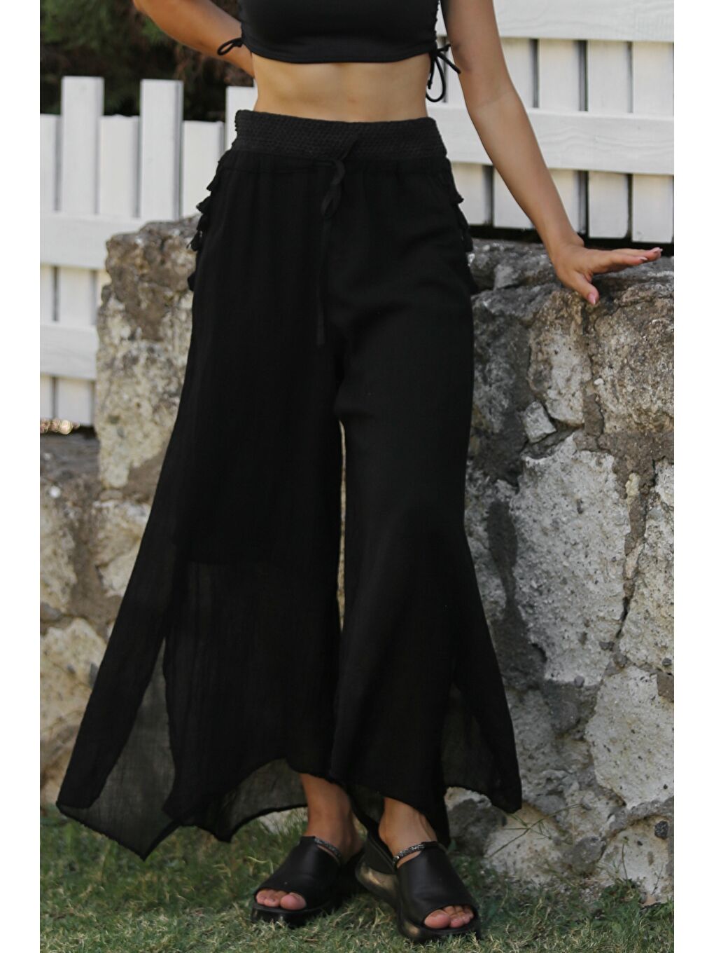 Organik Pamuk Siyah Astarlı Püsküllü Dokuma Lastikli Ve Bağlamalı Bel Geniş Paça Casual Pantolon-1