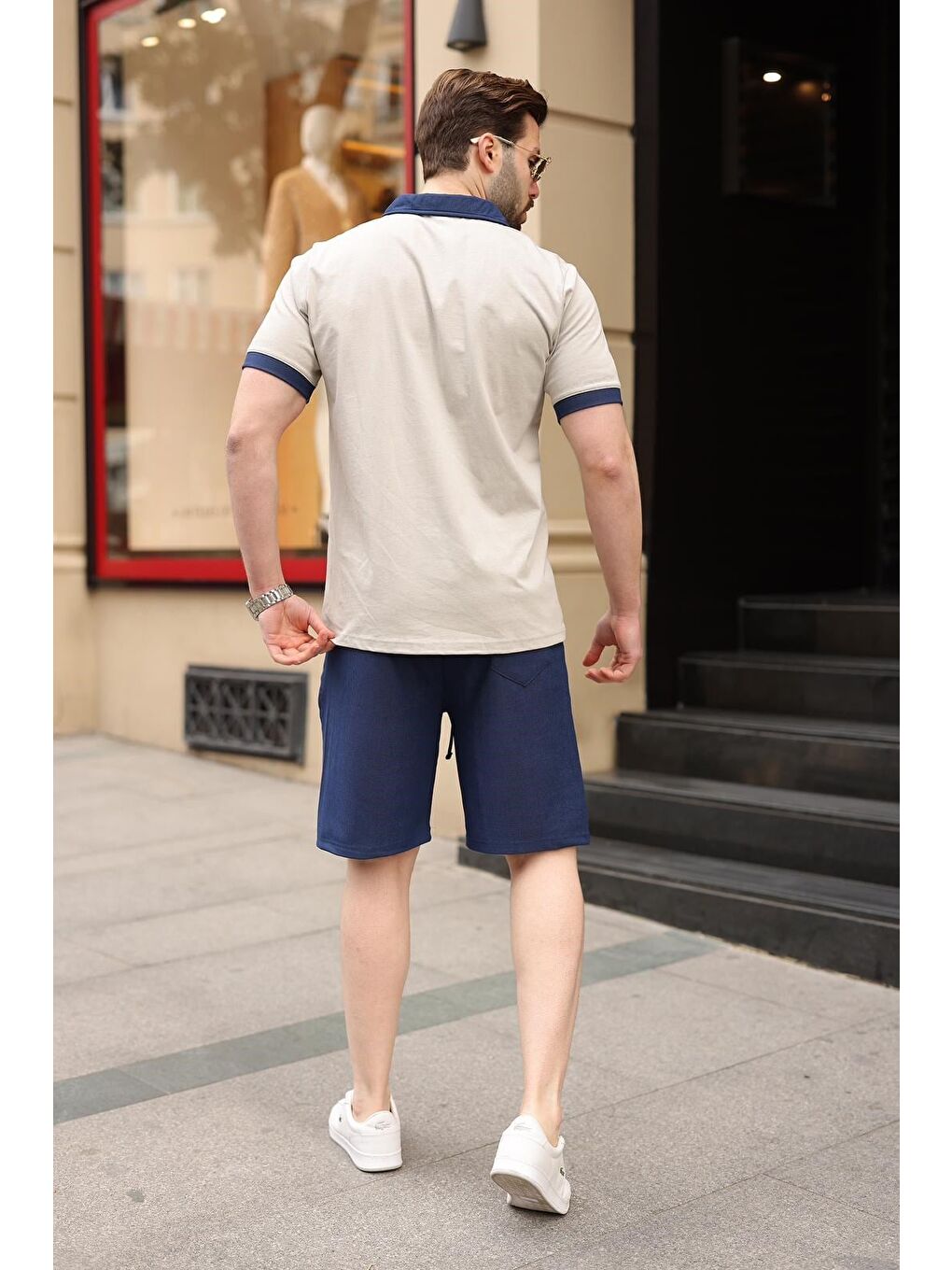 Boyalı Gri %100 Pamuklu Polo Yaka Şort Tişört Takım E7358-2