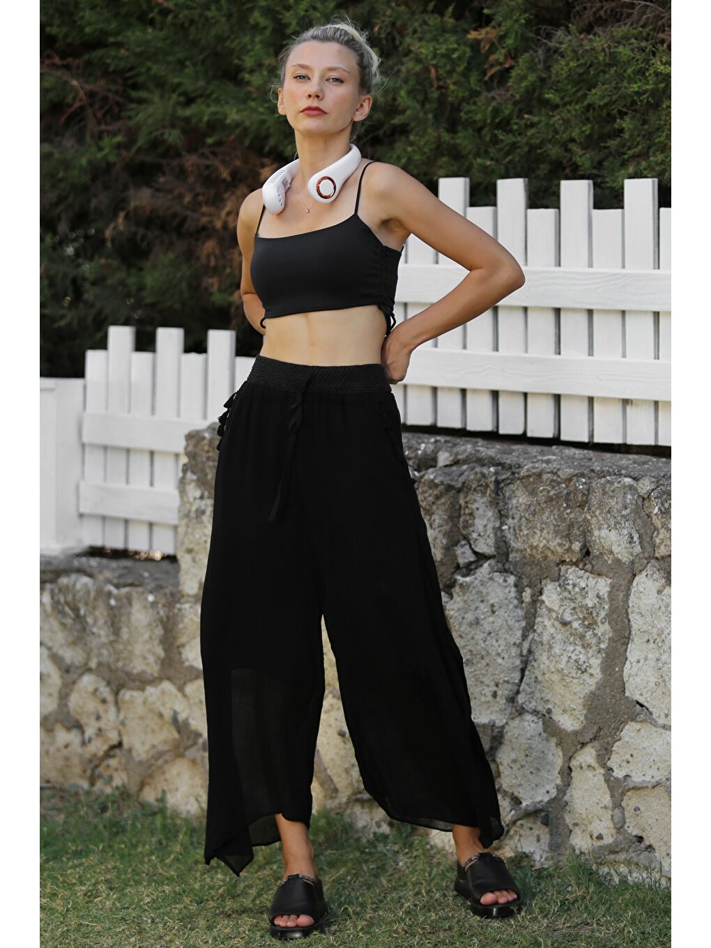 Organik Pamuk Siyah Astarlı Püsküllü Dokuma Lastikli Ve Bağlamalı Bel Geniş Paça Casual Pantolon-2