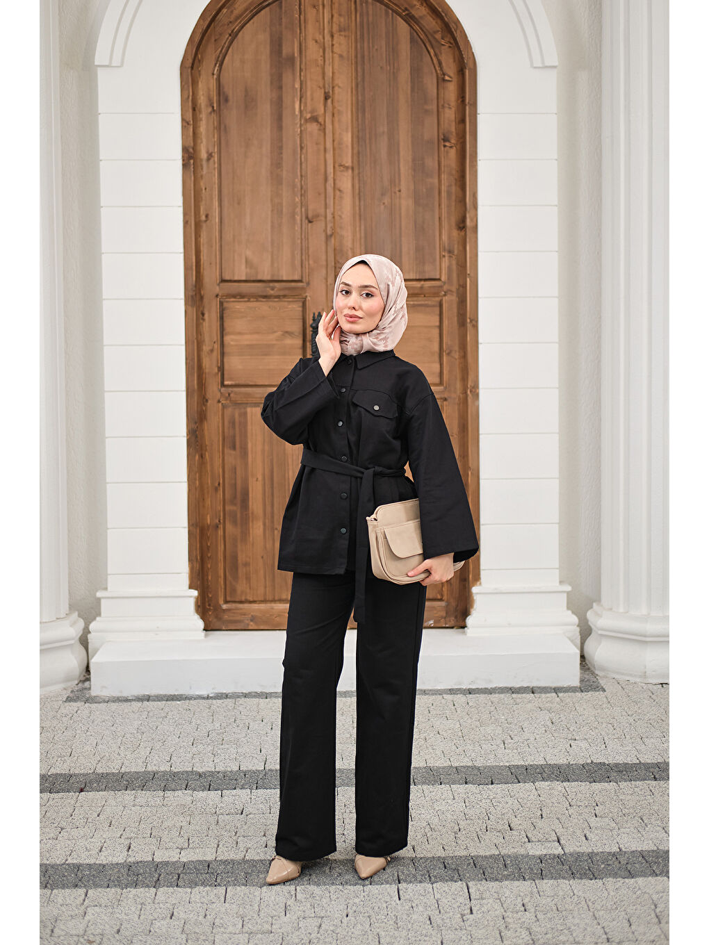 Kadın Çıtçıtlı Gabardin Bel bağlamalı takım Siyah-1