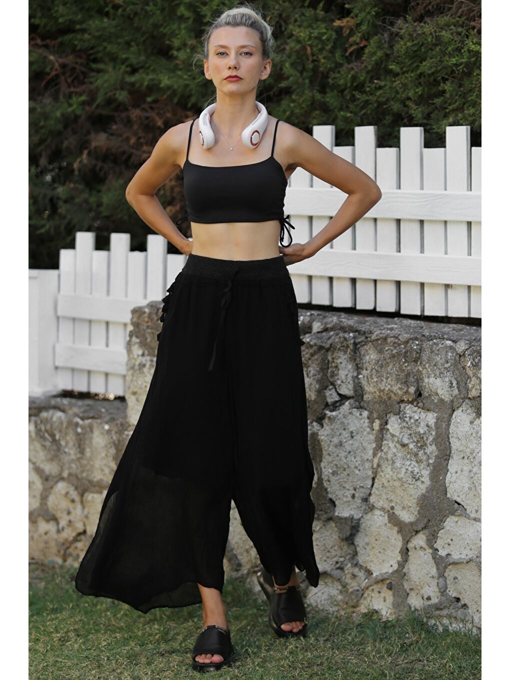 Organik Pamuk Siyah Astarlı Püsküllü Dokuma Lastikli Ve Bağlamalı Bel Geniş Paça Casual Pantolon-3