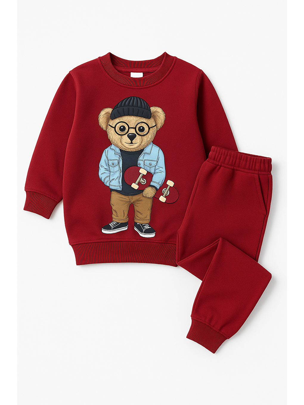 Çocuk Teddy Desenli Eşofman Takımı Bordo-1