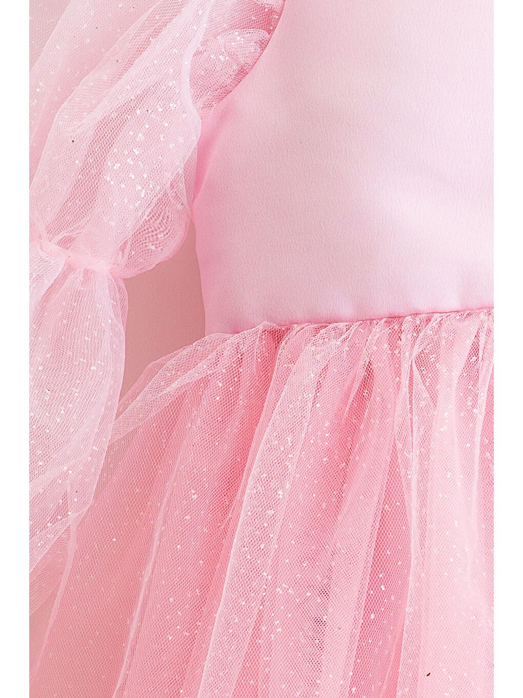 Pembe Pearlie Büzgü Kollu Simli Tül Kız Çocuk Elbise-3