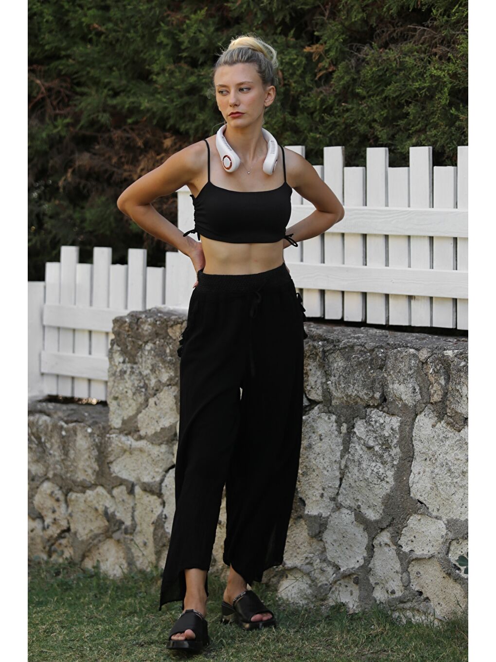 Organik Pamuk Siyah Astarlı Püsküllü Dokuma Lastikli Ve Bağlamalı Bel Geniş Paça Casual Pantolon-4