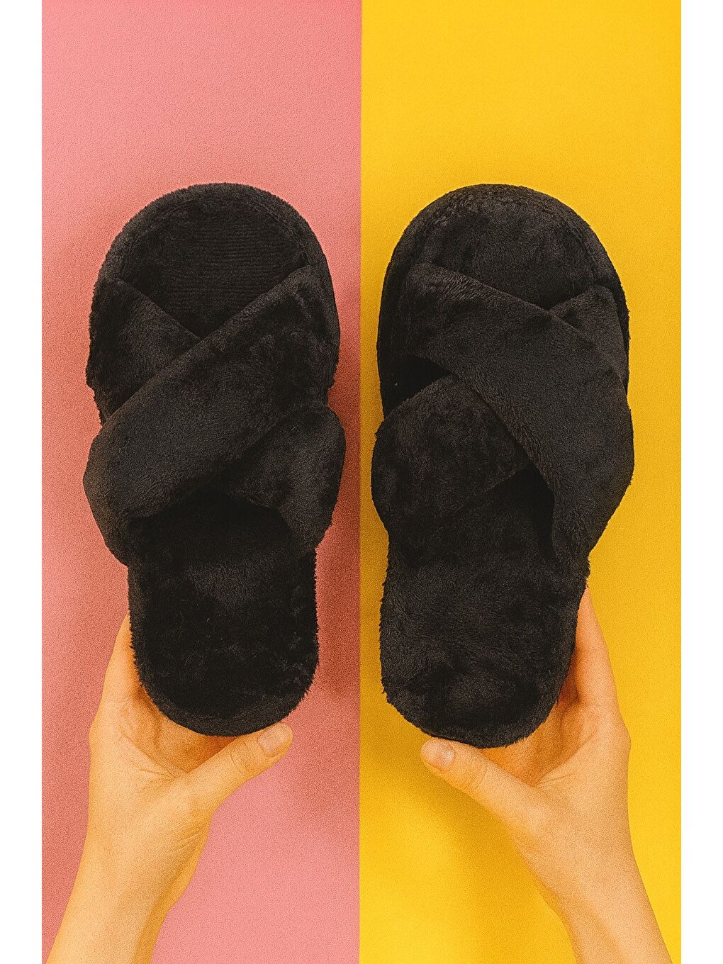 Siyah SMT-02 Çapraz Kadın Ev Terliği Kışlık Yünlü Terlik-2