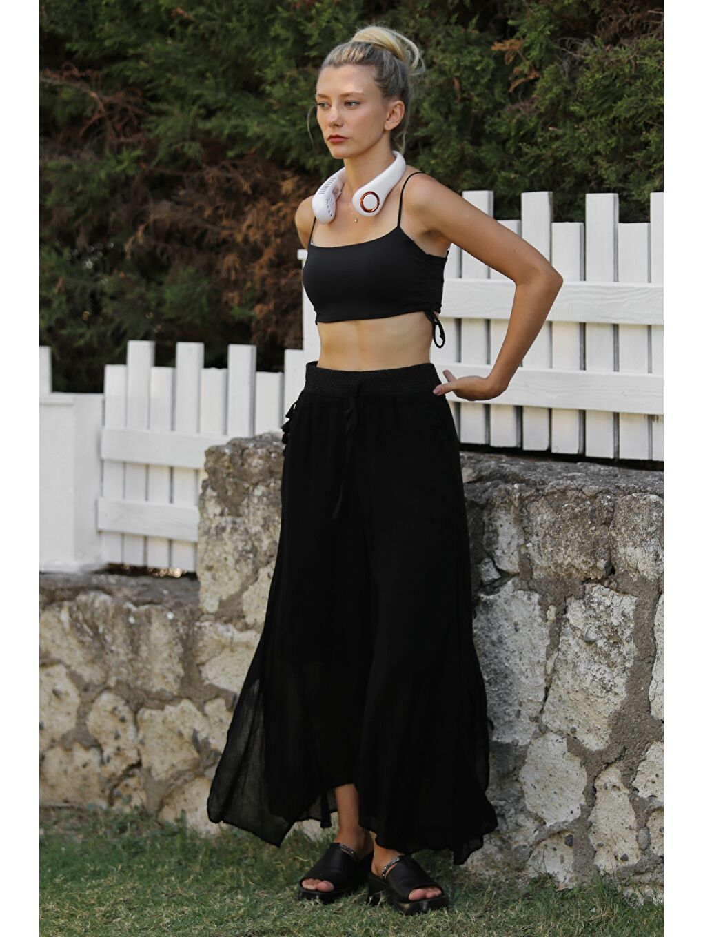 Organik Pamuk Siyah Astarlı Püsküllü Dokuma Lastikli Ve Bağlamalı Bel Geniş Paça Casual Pantolon-5