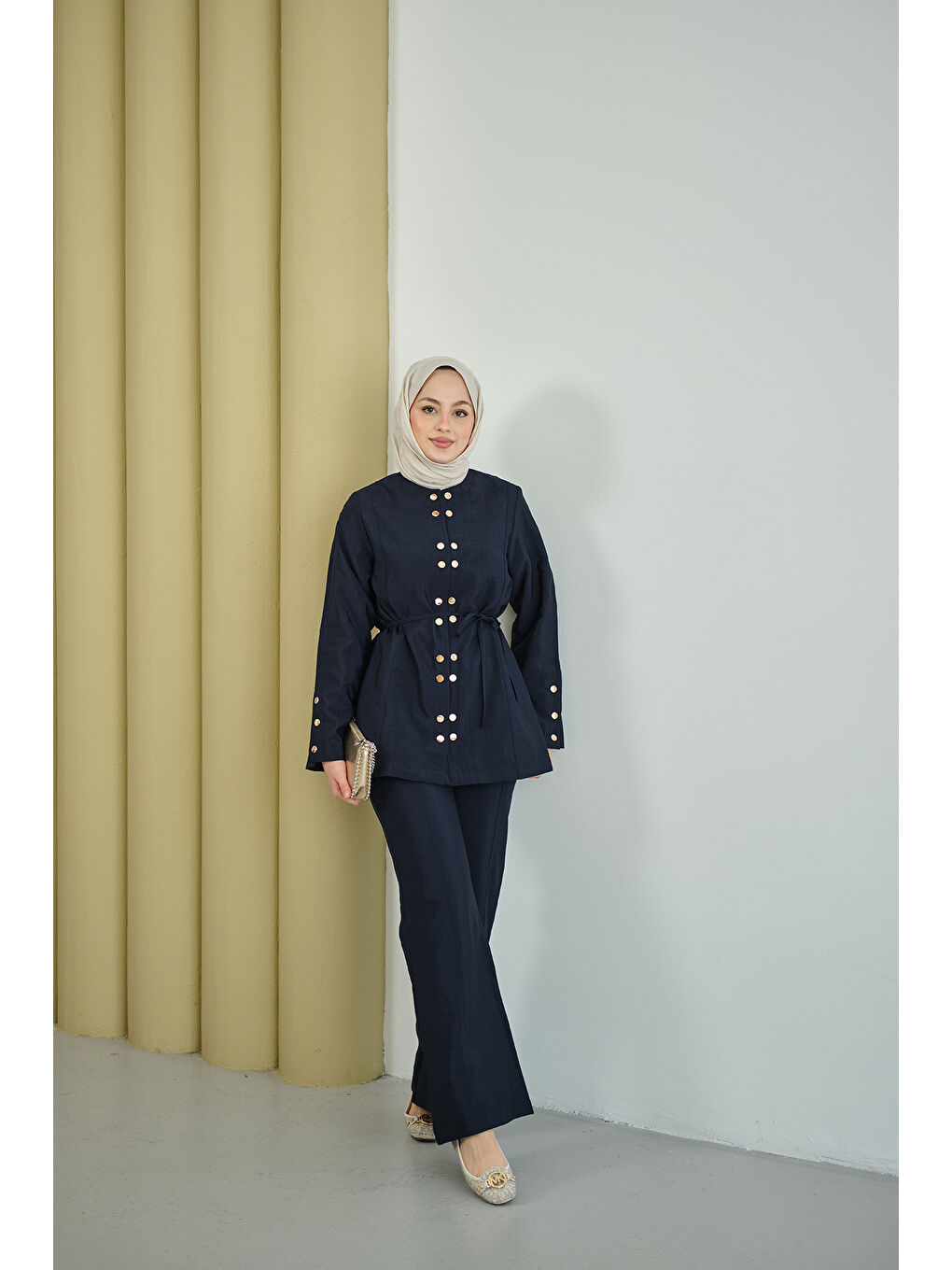 Kadın Gold Çıt Çıt Detay Takım Lacivert-4
