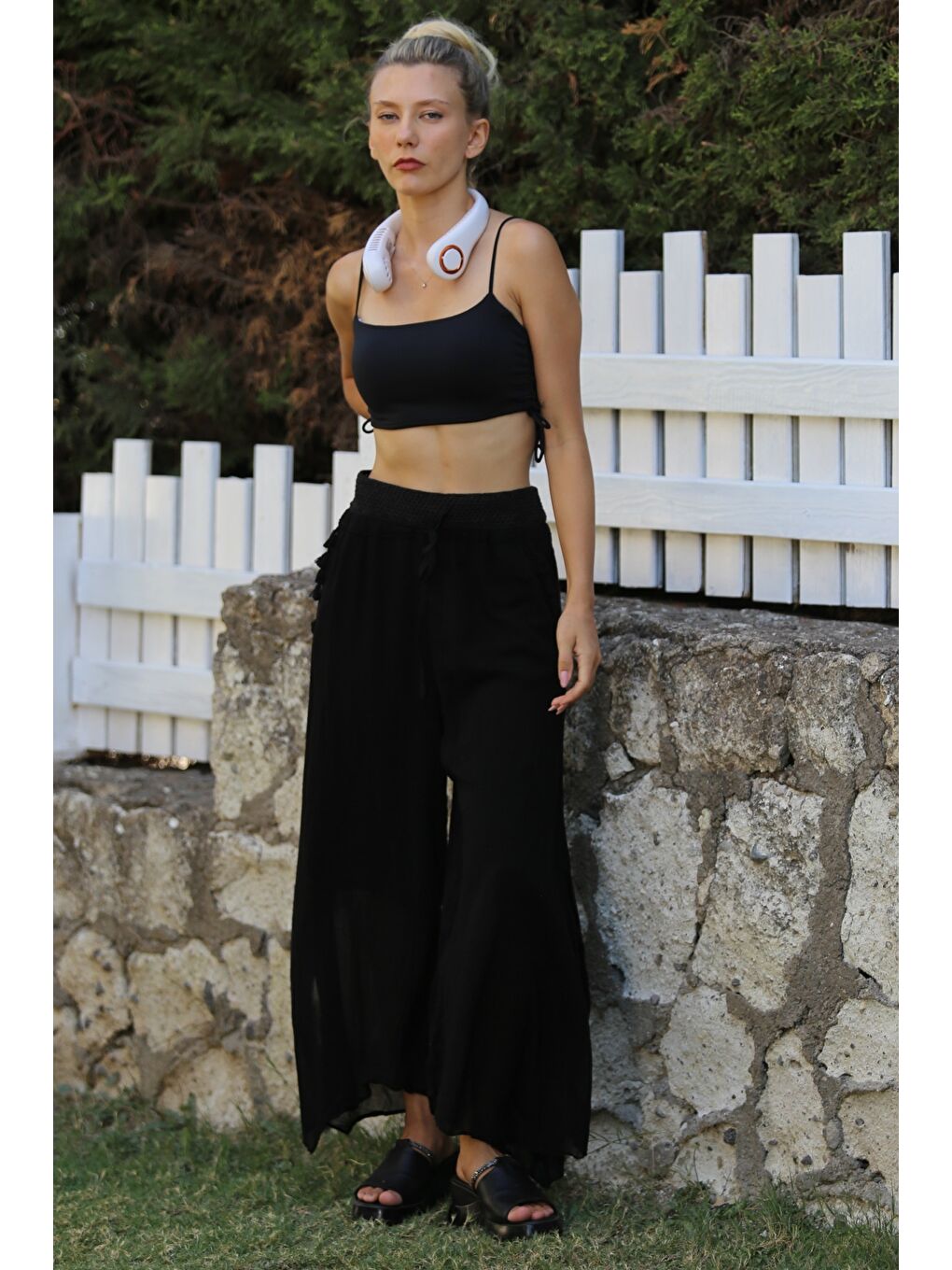 Organik Pamuk Siyah Astarlı Püsküllü Dokuma Lastikli Ve Bağlamalı Bel Geniş Paça Casual Pantolon-6