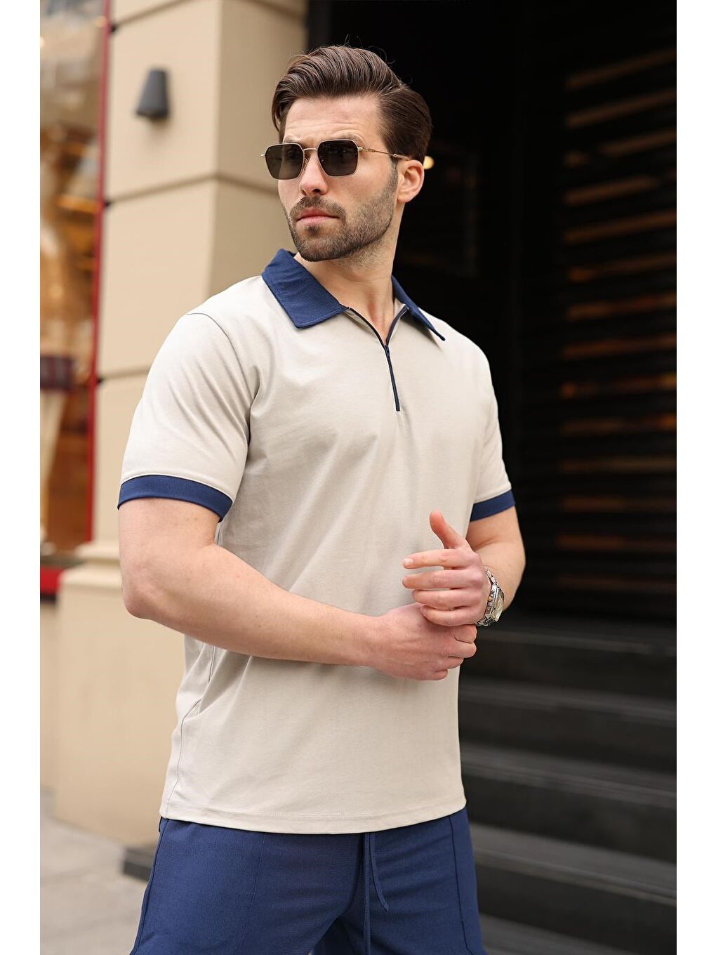 Boyalı Gri %100 Pamuklu Polo Yaka Şort Tişört Takım E7358-3