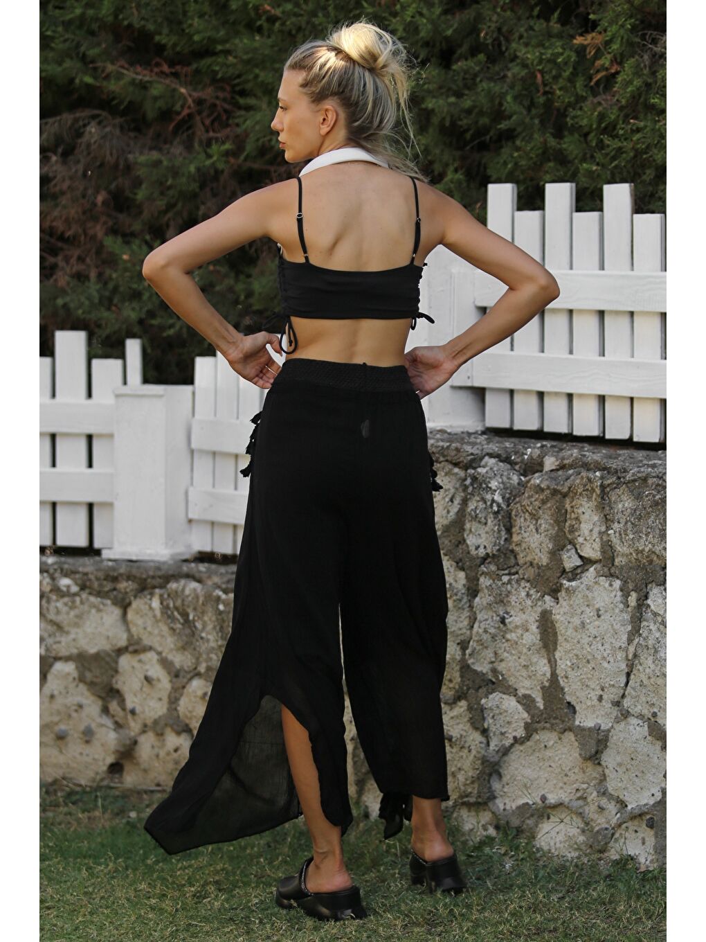 Organik Pamuk Siyah Astarlı Püsküllü Dokuma Lastikli Ve Bağlamalı Bel Geniş Paça Casual Pantolon-7