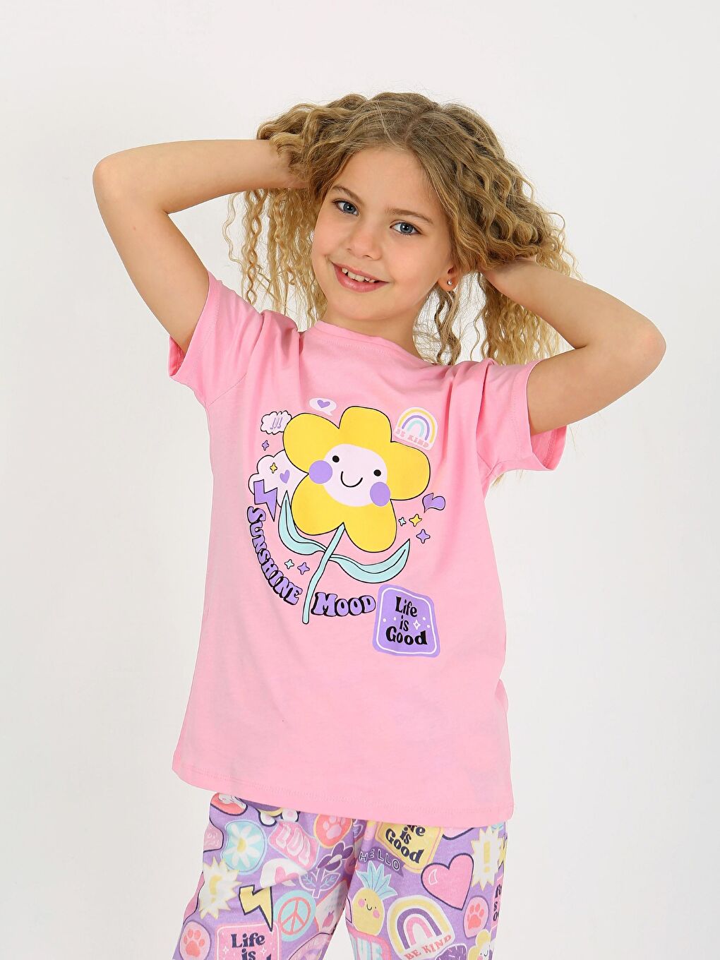 Pembe Kız Çocuk Kısa Kollu %100 Pamuklu Pijama Takımı Be Kind-4