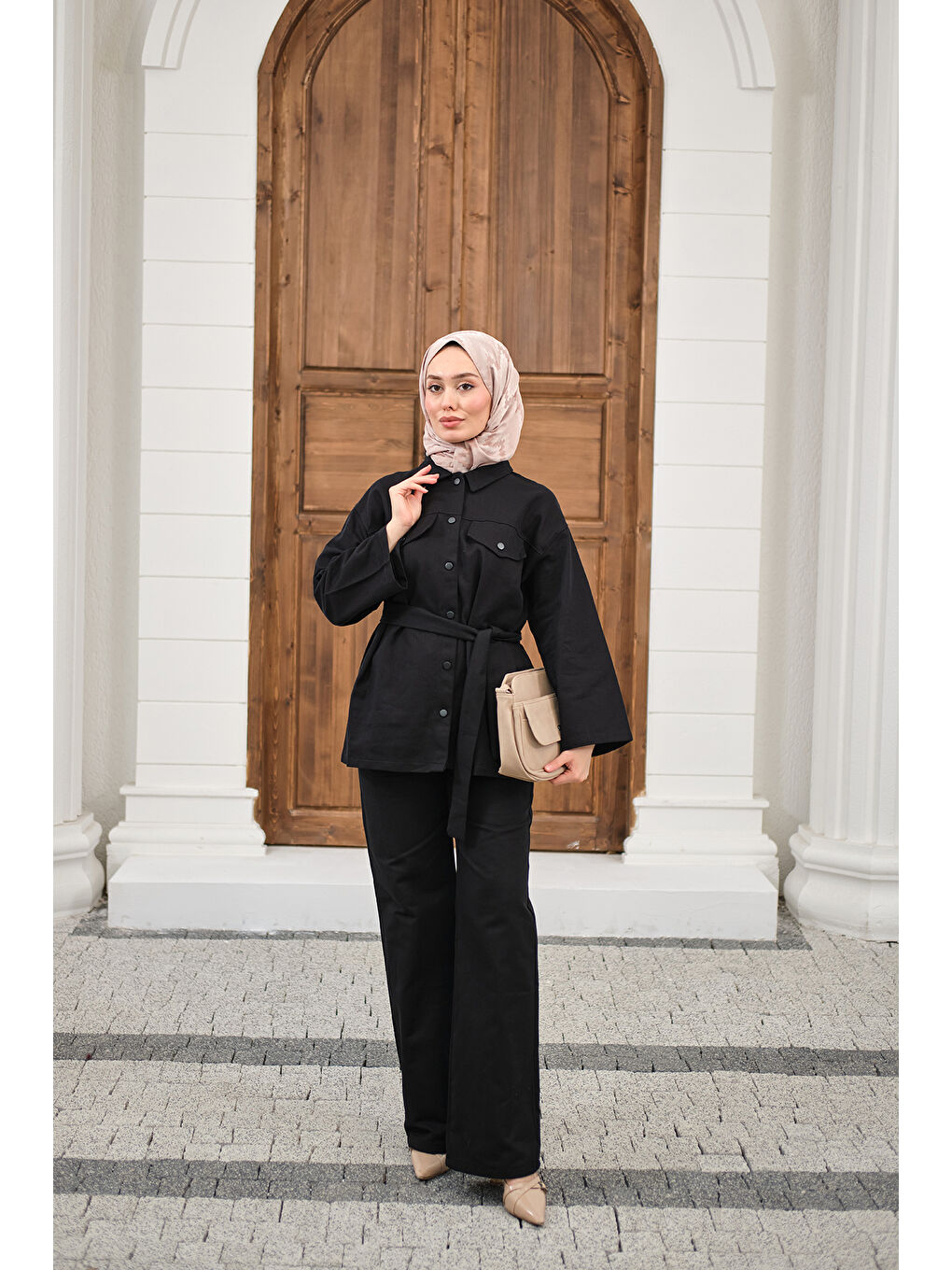 Kadın Çıtçıtlı Gabardin Bel bağlamalı takım Siyah-2