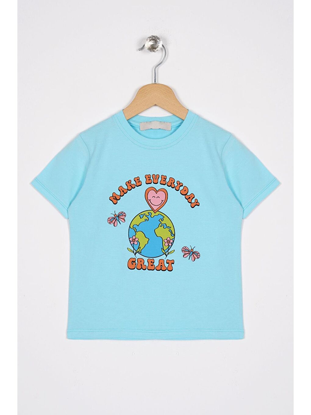 Bisiklet Yaka Yarım Kol Make Everday Great Baskılı Açık Mavi Renk Kız Çocuk Tişört