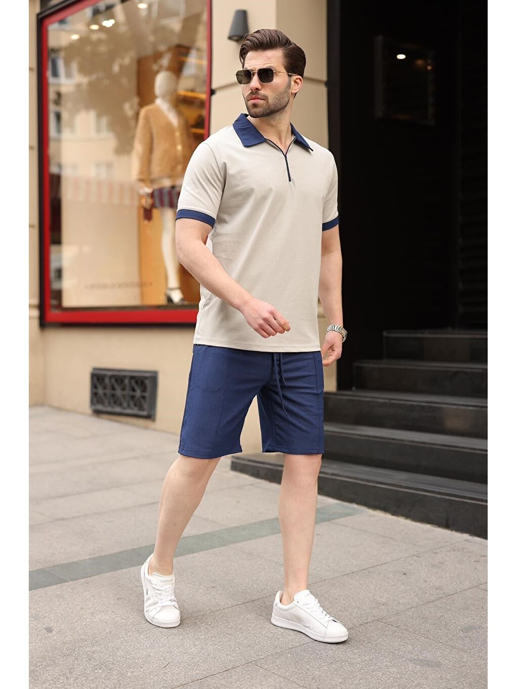 Boyalı Gri %100 Pamuklu Polo Yaka Şort Tişört Takım E7358-5