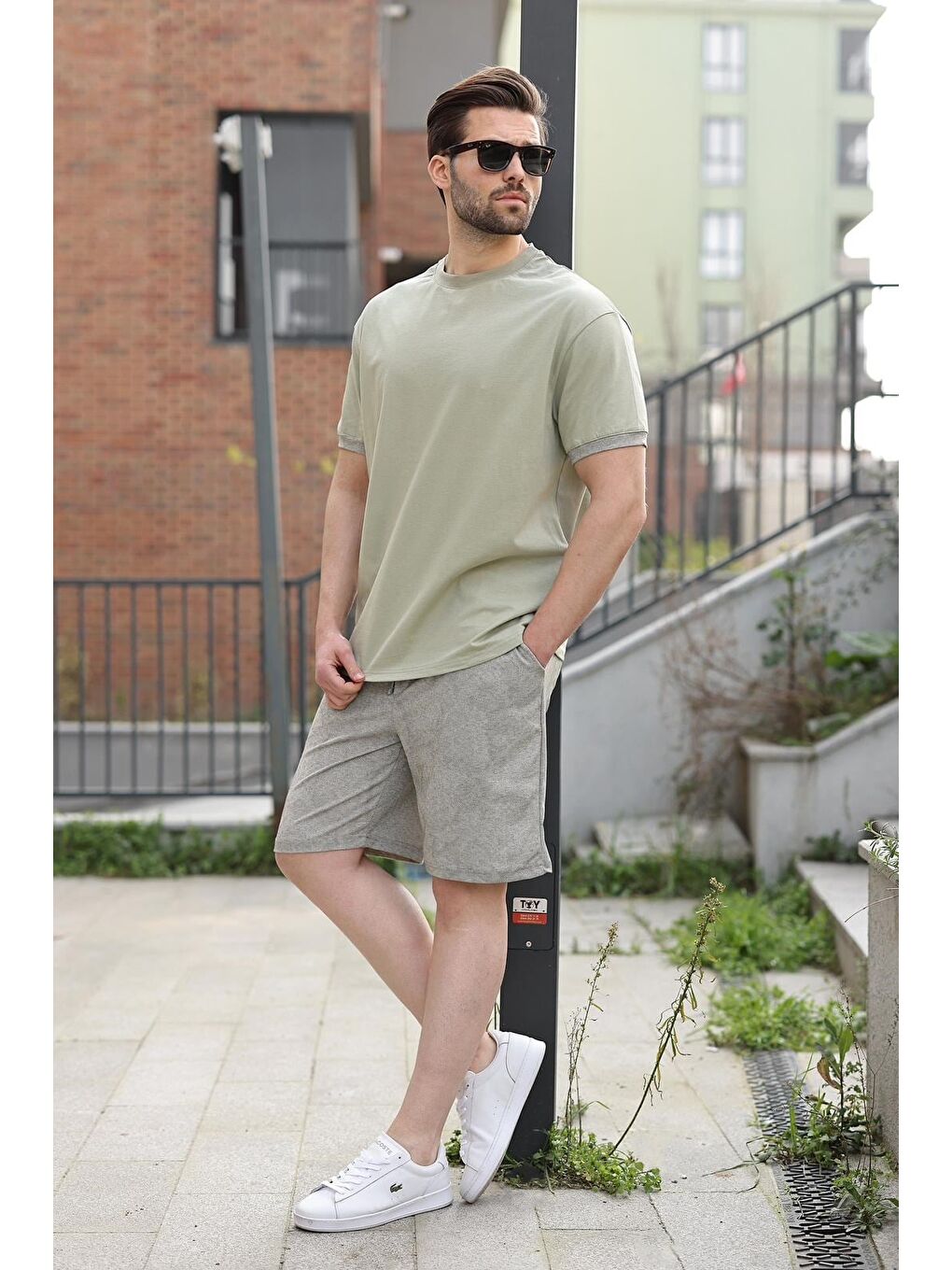 Mint Yeşili %100 Pamuklu Bisiklet Yaka Şort Tişört Takım E7359-1