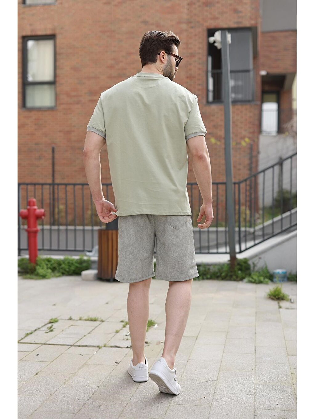 Mint Yeşili %100 Pamuklu Bisiklet Yaka Şort Tişört Takım E7359-2