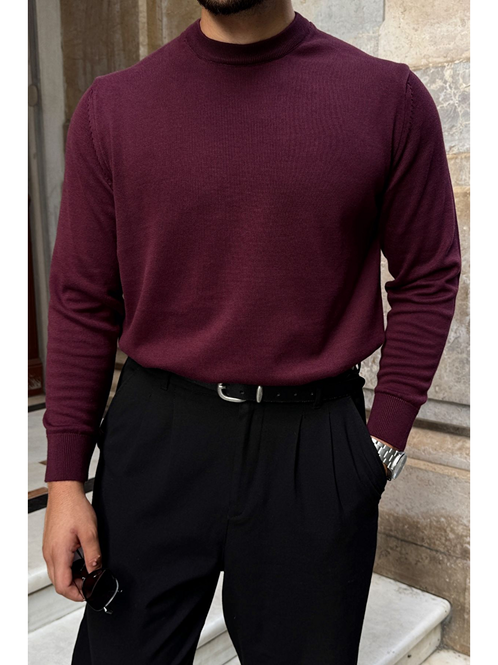 Bordo Acton Erkek %100 Organik Pamuk Bisiklet Yaka Triko Kazak-3