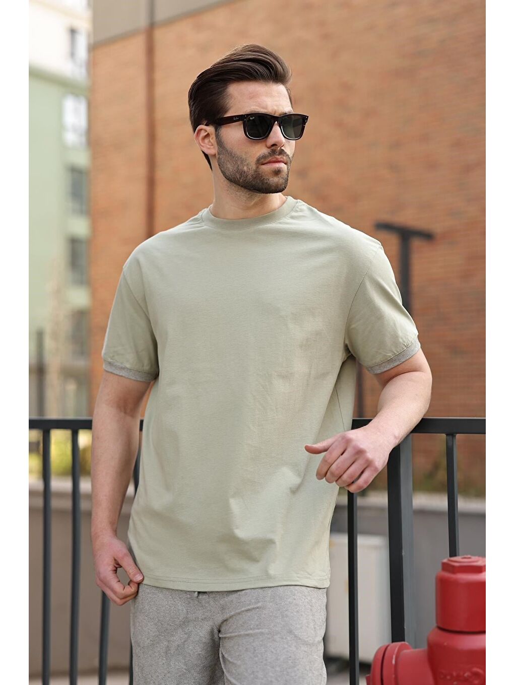 Mint Yeşili %100 Pamuklu Bisiklet Yaka Şort Tişört Takım E7359-3