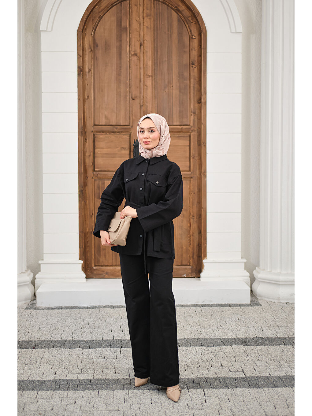 Kadın Çıtçıtlı Gabardin Bel bağlamalı takım Siyah-4