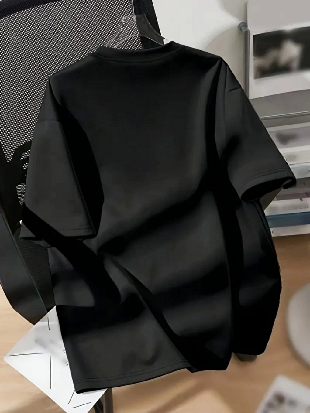 Baskılı Oversize Bisiklet Yaka T-shirt - Siyah-2