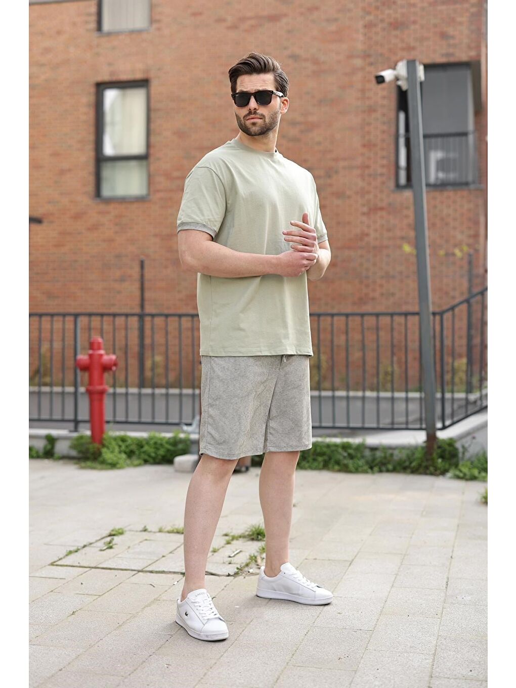 Mint Yeşili %100 Pamuklu Bisiklet Yaka Şort Tişört Takım E7359-5