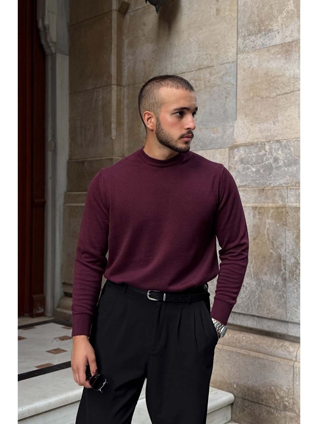 Bordo Acton Erkek %100 Organik Pamuk Bisiklet Yaka Triko Kazak-4