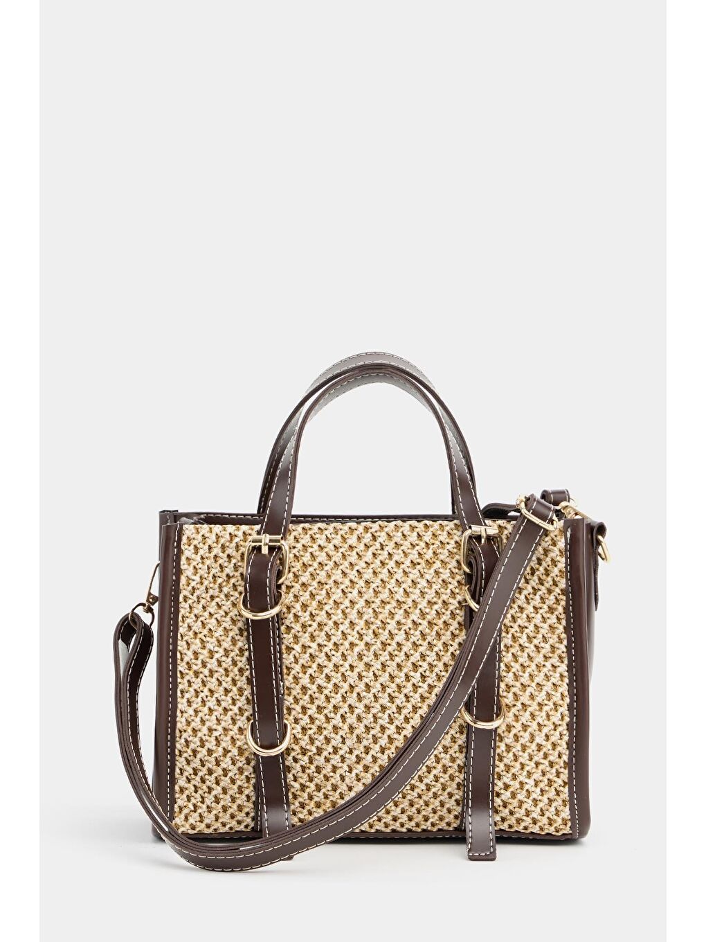 Deri Detaylı Hasır Örgü Kadın Çanta – Bohem Stil Omuz Ve El Çantası Kahverengi
