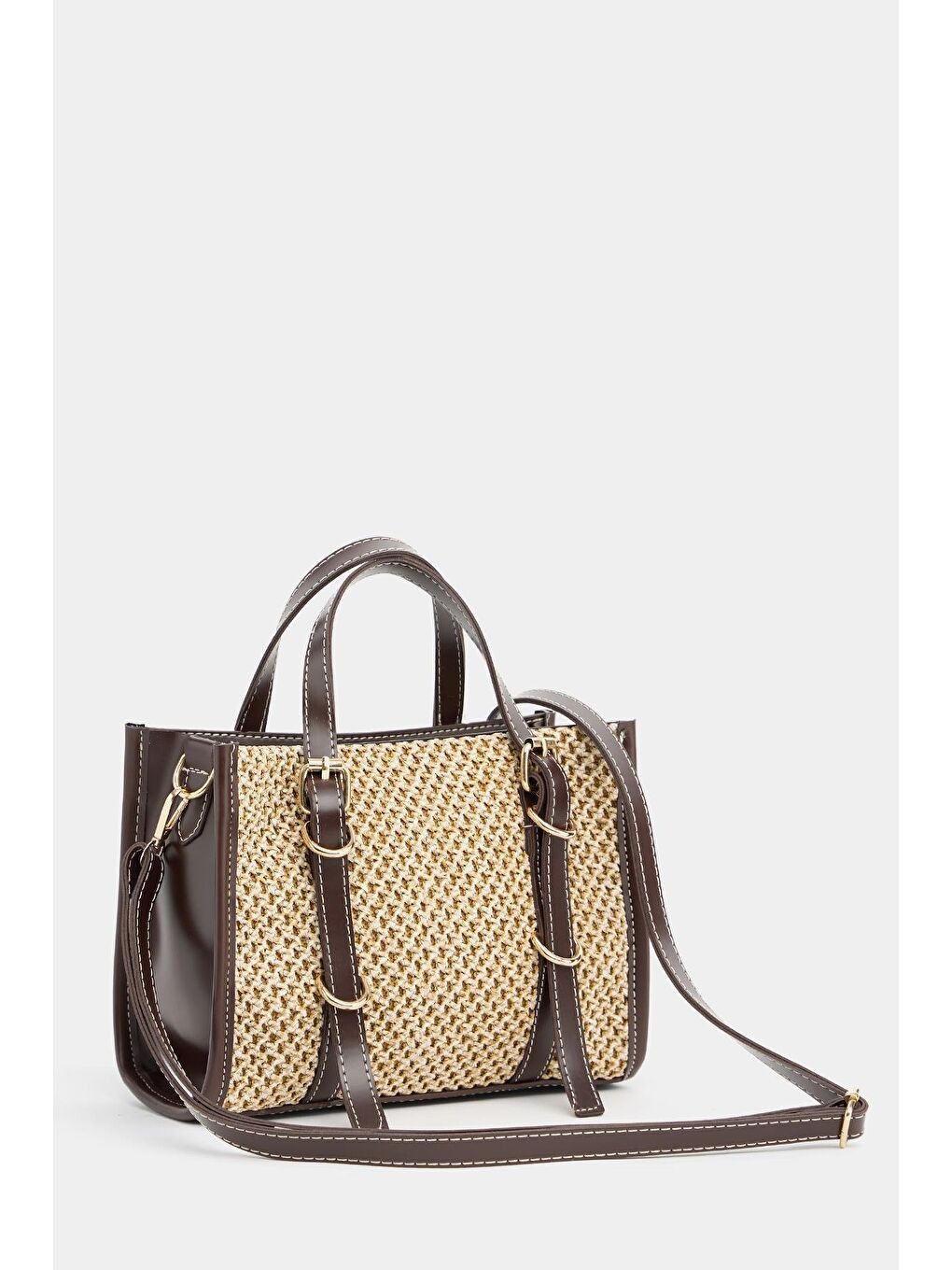 Deri Detaylı Hasır Örgü Kadın Çanta – Bohem Stil Omuz Ve El Çantası Kahverengi-1