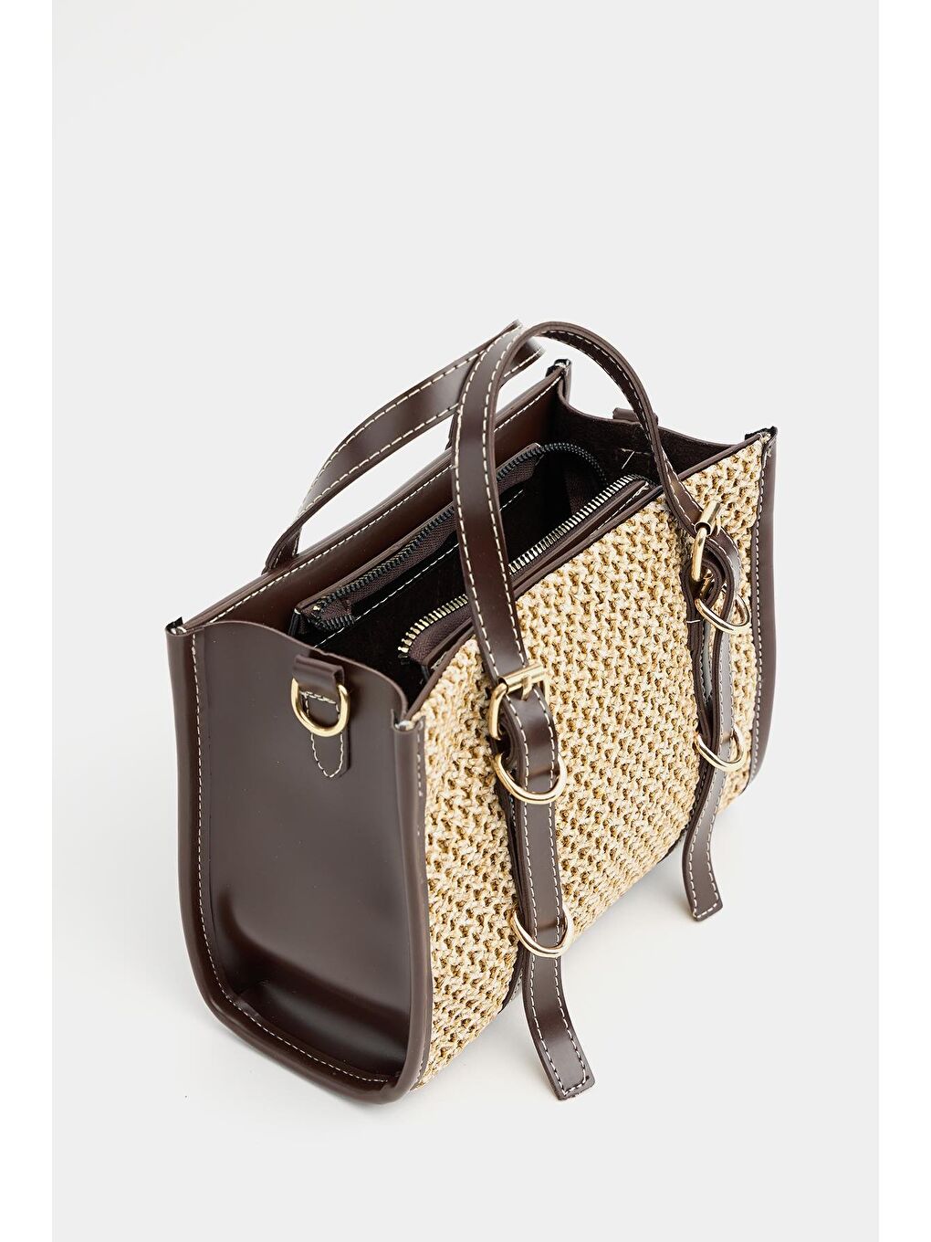 Deri Detaylı Hasır Örgü Kadın Çanta – Bohem Stil Omuz Ve El Çantası Kahverengi-2