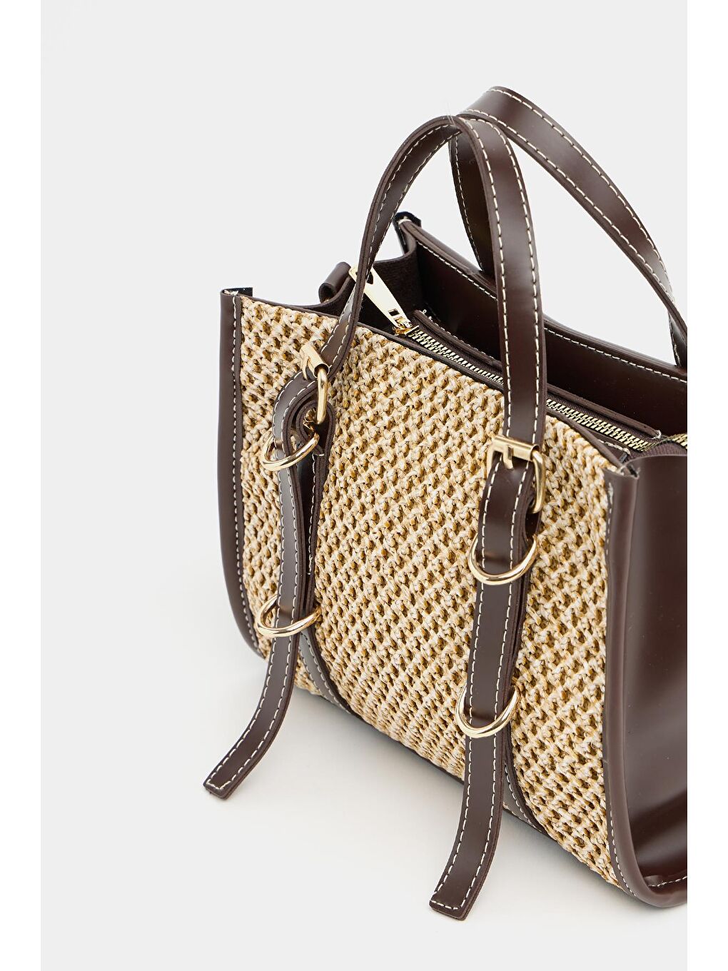 Deri Detaylı Hasır Örgü Kadın Çanta – Bohem Stil Omuz Ve El Çantası Kahverengi-3