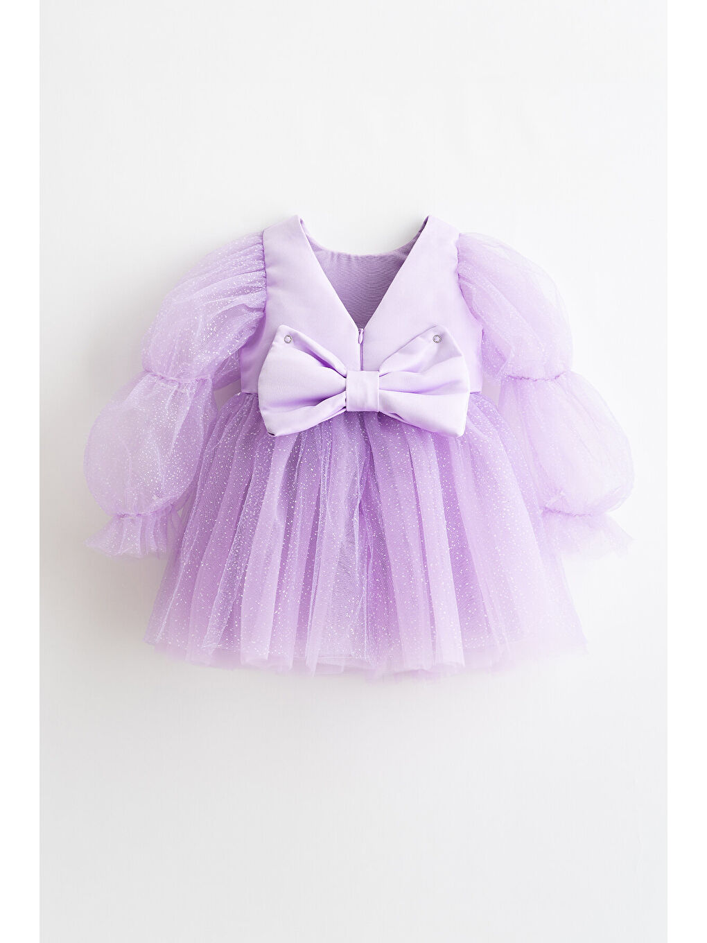 Lila Pearlie Büzgü Kollu Simli Tül Kız Çocuk Elbise-1
