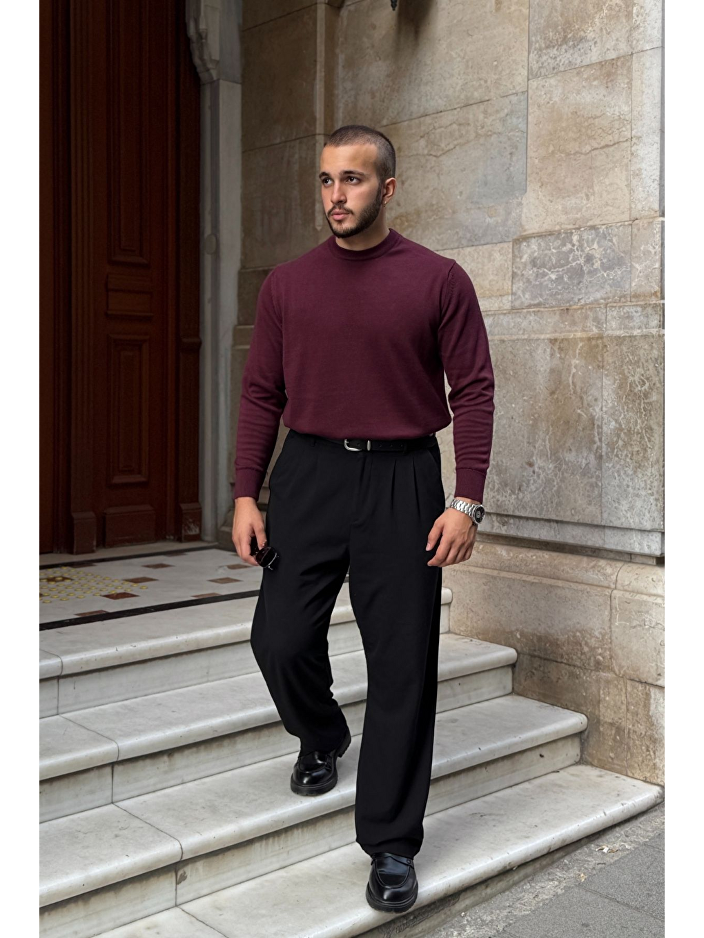 Bordo Acton Erkek %100 Organik Pamuk Bisiklet Yaka Triko Kazak-5