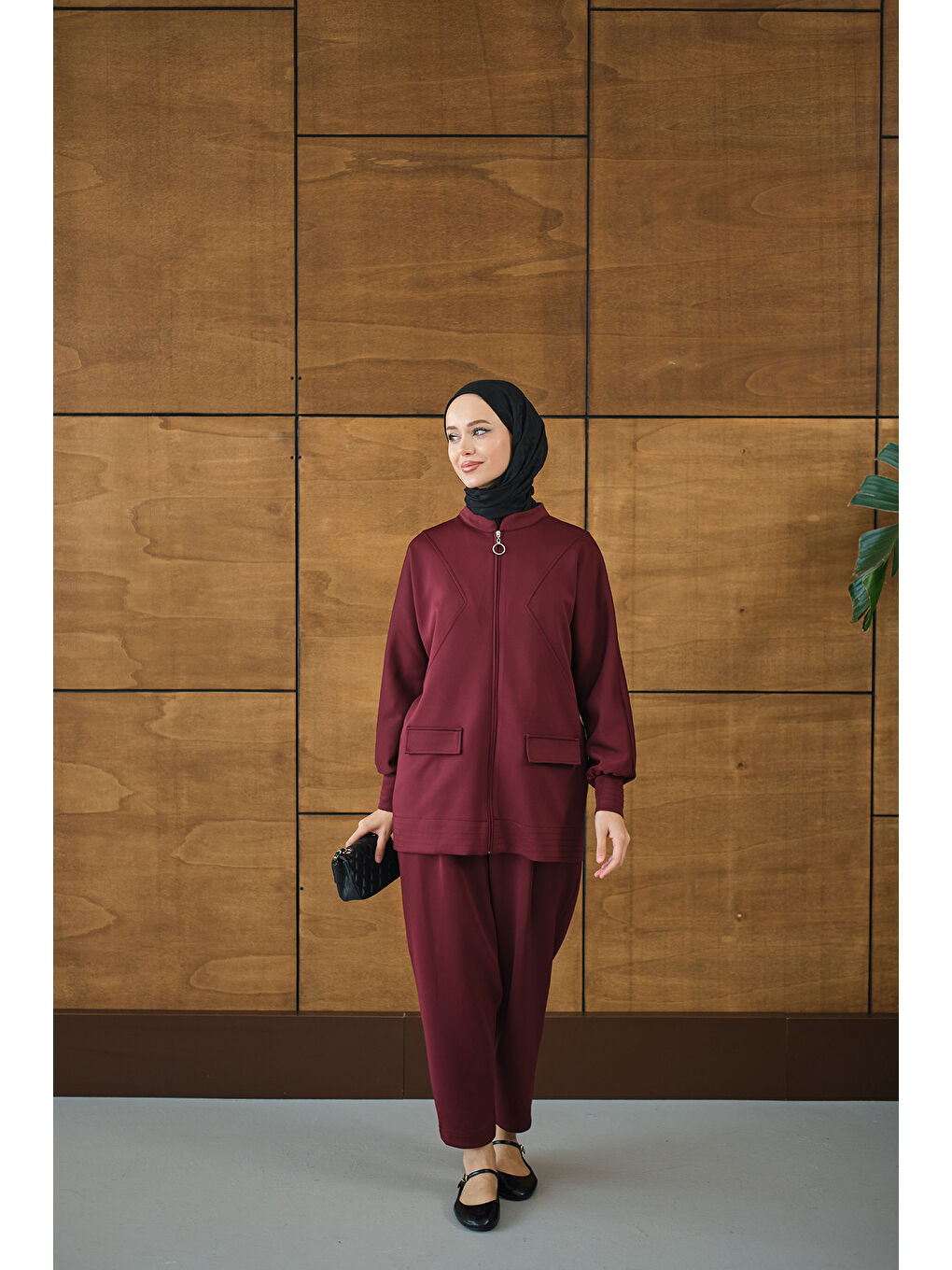 Kadın Fermuarlı İkili Takım Bordo