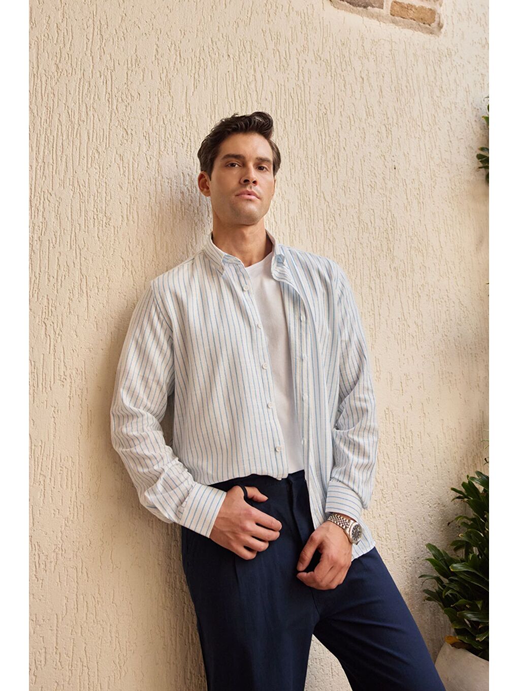 Mavi Onan Erkek Klasik Gömlek Modern Slim Fit Keten Görünümlü İnce Çizgili Desen-7