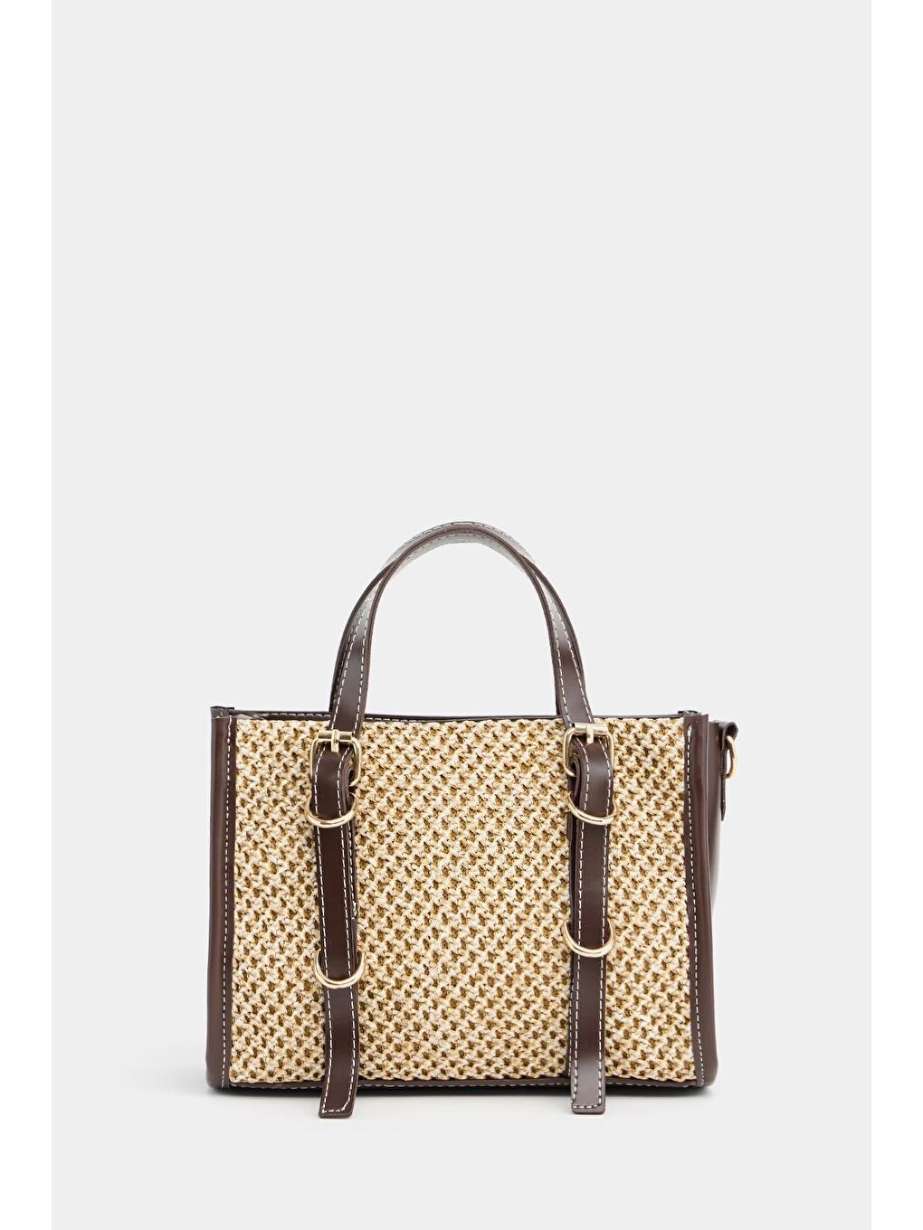 Deri Detaylı Hasır Örgü Kadın Çanta – Bohem Stil Omuz Ve El Çantası Kahverengi-5