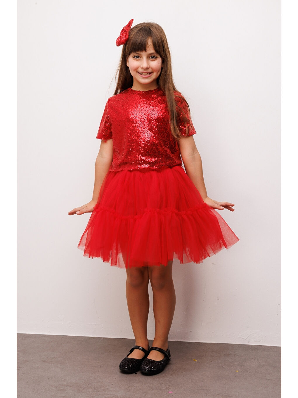 Kırmızı Üzeri Pul Detaylı Tül Etekli İkili Takım - Freya-1