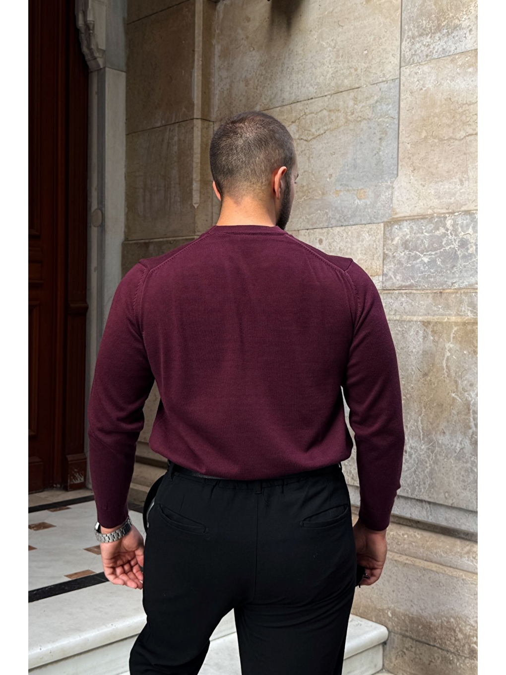 Bordo Acton Erkek %100 Organik Pamuk Bisiklet Yaka Triko Kazak-6