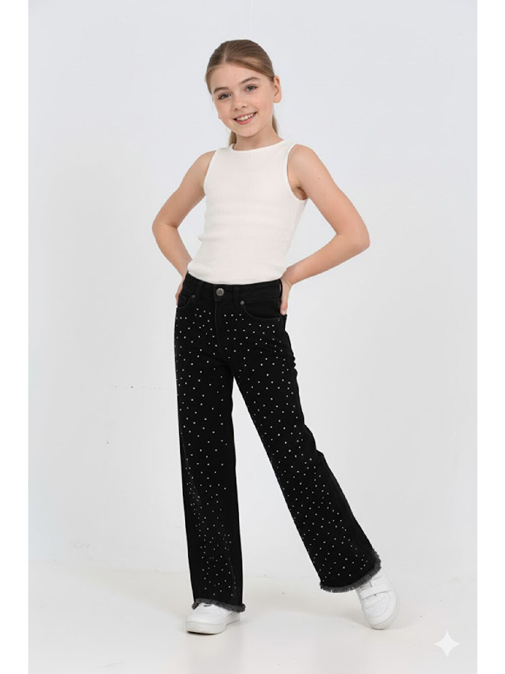 Siyah Kız Çocuk Destroy Paçalı-Geniş Kesim Jean Pantolon 5-15 Yaş 12488