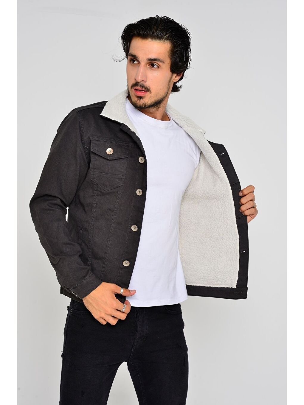 Gri Erkek Trend Kışlık Içi Kürklü Jean Ceket Antrasit