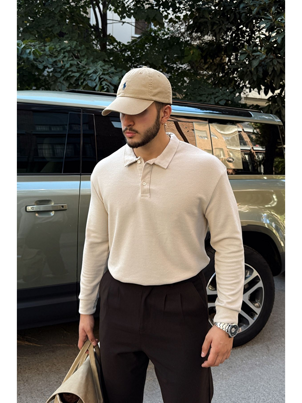 Bej Cali Erkek Regular Fit Polo Yaka Uzun Kollu Sweatshirt Tişört-4