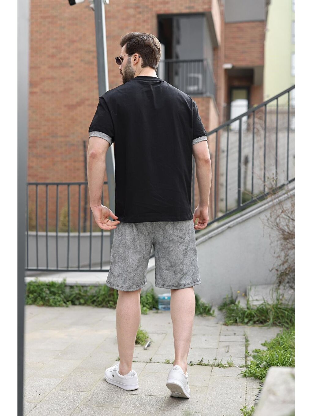 Siyah %100 Pamuklu Bisiklet Yaka Şort Tişört Takım E7359-3