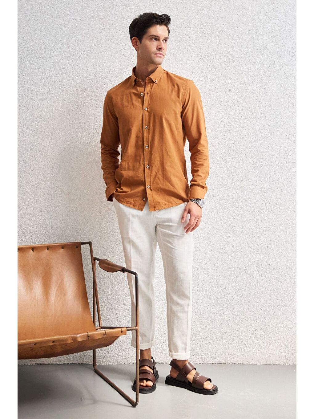 Kahverengi Turi Erkek Pamuk Gömlek Modern Slim Fit Keten Görünümlü Uzun Kol-1