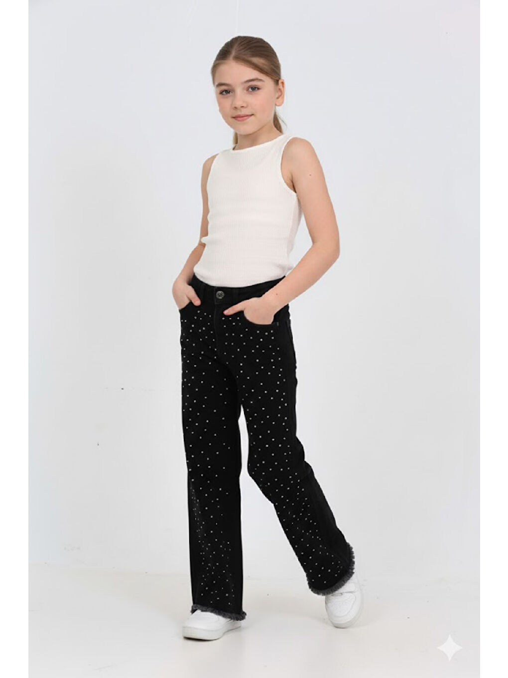 Siyah Kız Çocuk Destroy Paçalı-Geniş Kesim Jean Pantolon 5-15 Yaş 12488-1